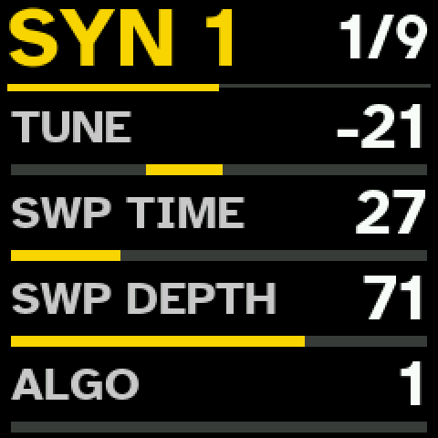 The SYN 1 page of DRUM: tune, sweep time, sweep depth, algorithm