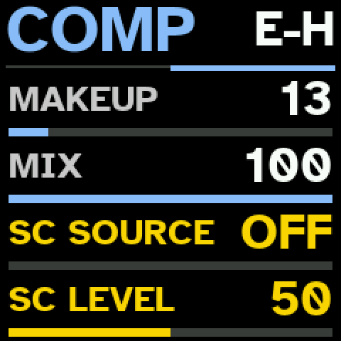 The COMP page's second half: makeup, mix, SC SOURCE, SC LEVEL