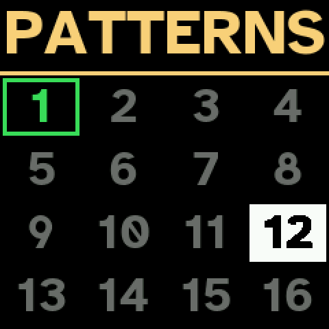 The PATTERNS grid: 16 patterns, pattern 1 playing, 12 chosen