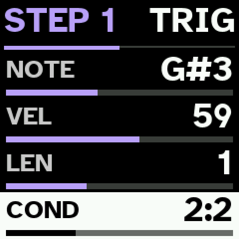 A step's TRIG page: note, velocity, length, condition 2:2