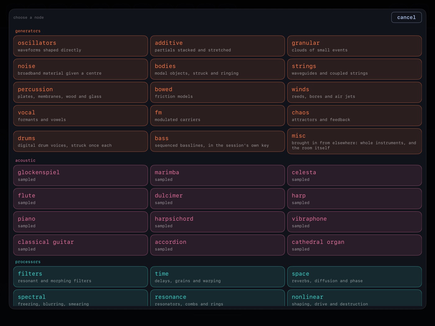 The palette of generators, sampled instruments and processors