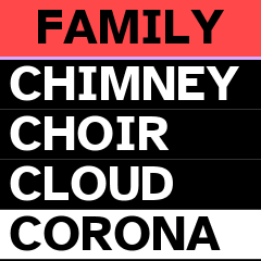 FAMILY on a red band: CHIMNEY, CHOIR, CLOUD, CORONA chosen