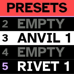 PRESETS on a red band: slot 3 ANVIL 1 chosen, 5 RIVET 1, 2 and 4 empty