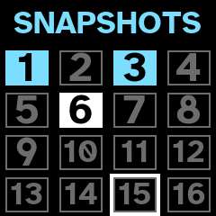 The SNAPSHOTS page: sixteen squares, 1 and 3 stored, 6 chosen, 15 framed