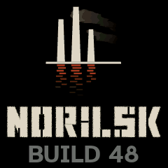 The splash: the three stacks, their fumes and red reflection; NORILSK in stencil letters; BUILD 48
